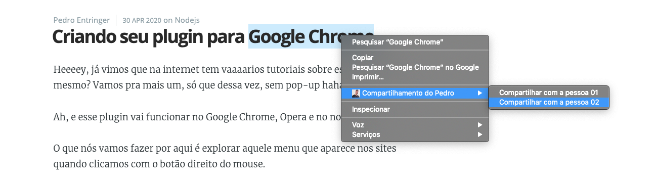 Menu do navegador com as nossas opções